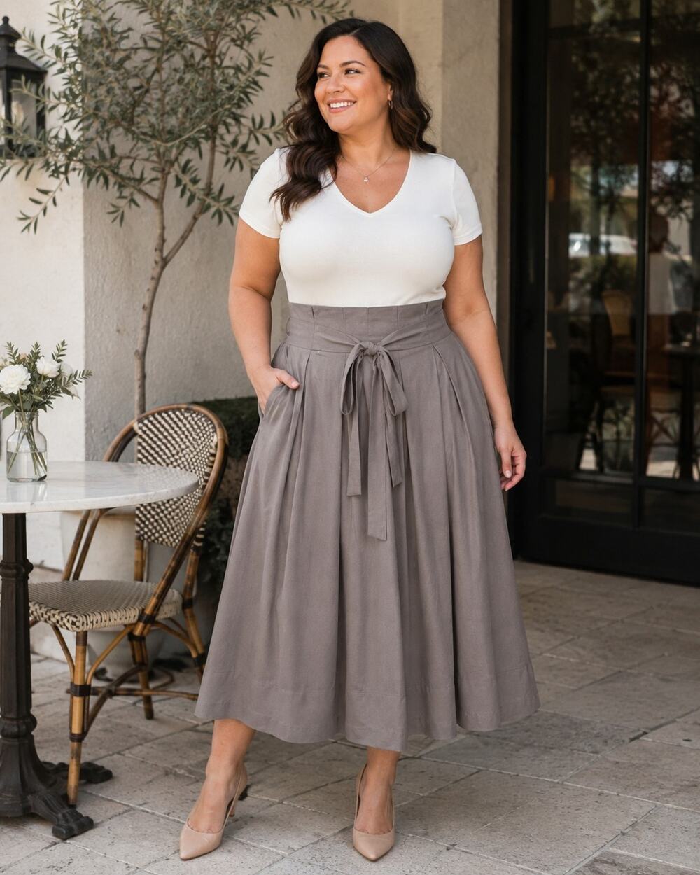 Tulip B Gray Pleated Midi Skirt XL Tie Waist Pockets Lined NWOT